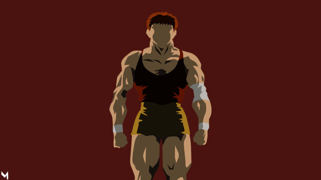 Baki Hanma standing strong muscular physique dark background intense determined pose wallpaper
