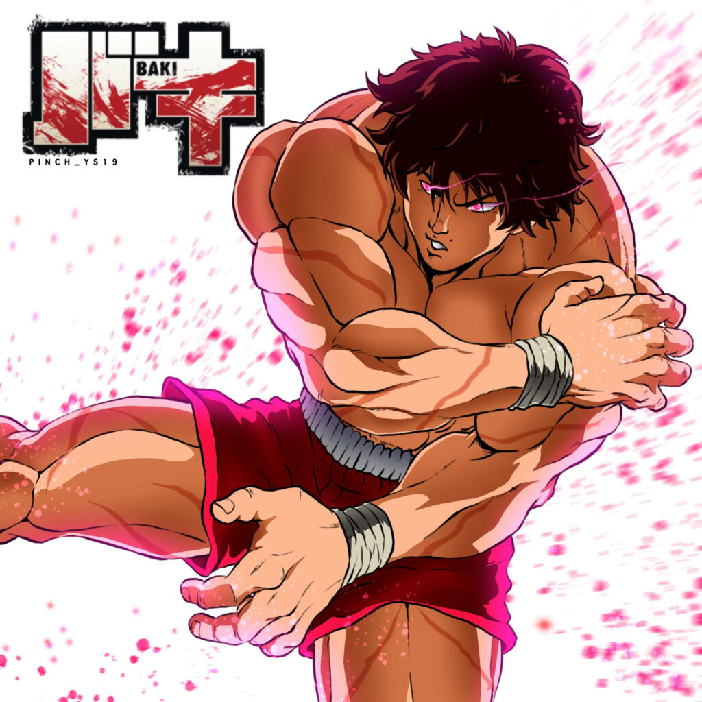 Baki Hanma powerful pose muscular physique intense anime Baki The Grappler wallpaper background