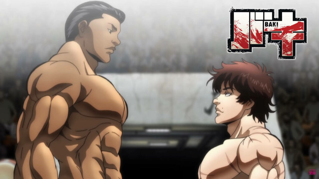 Baki Hanma and Alai Jr intense faceoff showcasing muscular physiques in dynamic Baki Hanma wallpaper