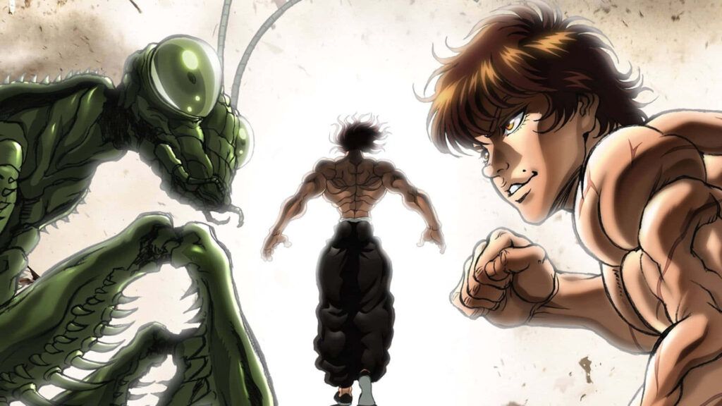 Baki Hanma battles giant praying mantis intense standoff determination strength anime wallpaper