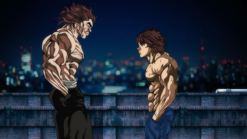Baki Hanma and Yuujiro Hanma intense rooftop battle night cityscape Baki The Grappler wallpaper