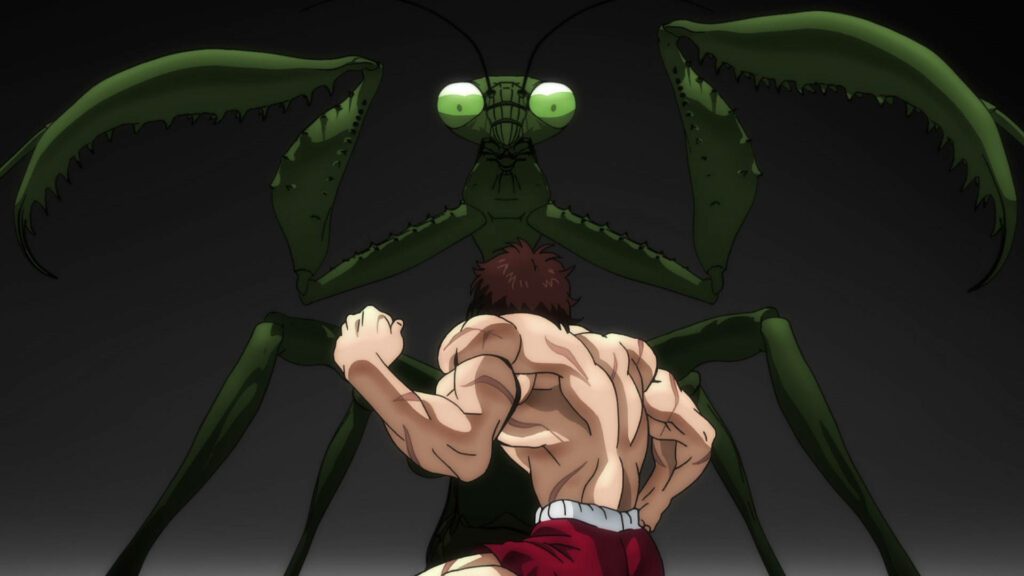Baki Hanma: Ultimate Showdown with the Monstrous Green Mantis in a Stark Obsidian Setting - Striking Anime Wallpaper