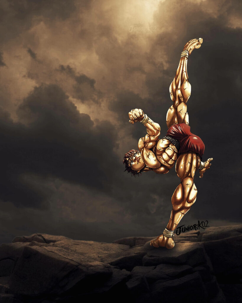 Unleashing the Power: Baki Hanma's Intense High Kick amidst Mysterious Atmosphere Wallpaper