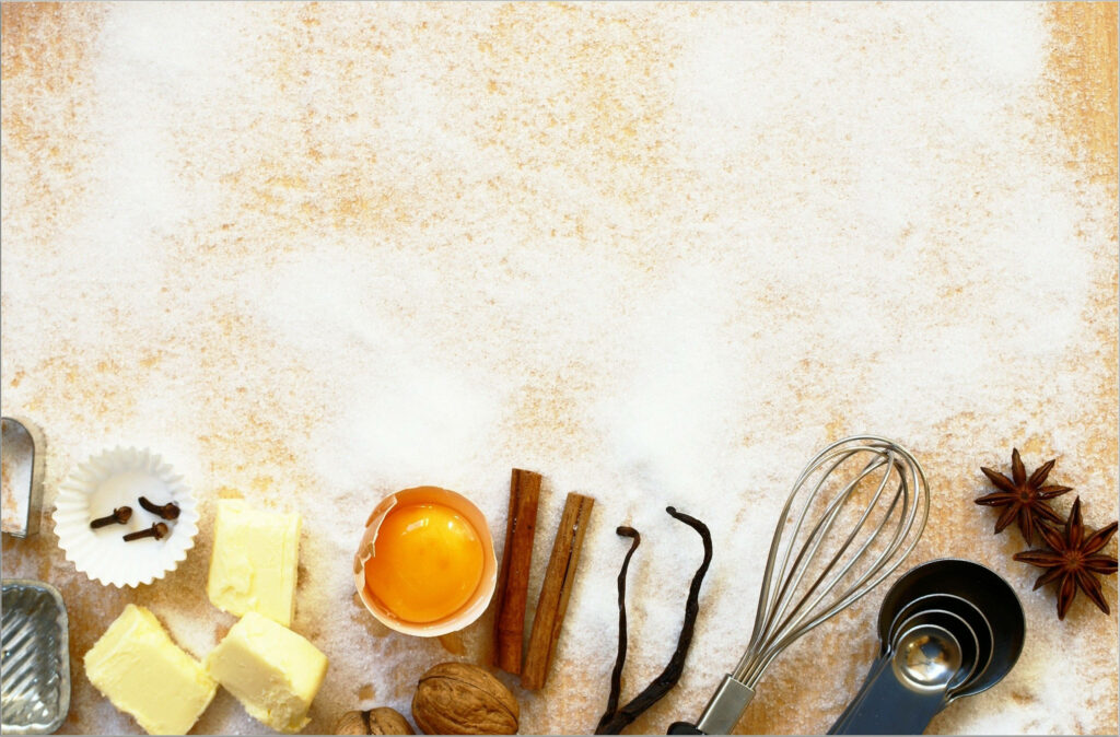Baking Essentials Wallpaper: Butter, Eggs & More on Floured Surface