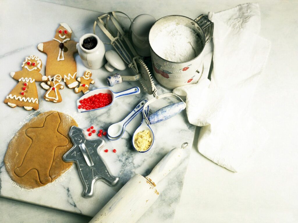 Festive Baking Setup Wallpaper: Cookies, Flour & Colorful Decor
