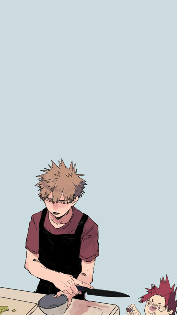 Bakugo cooking in kitchen minimalist wallpaper pastel colors Kirishima peeking cute My Hero Academia