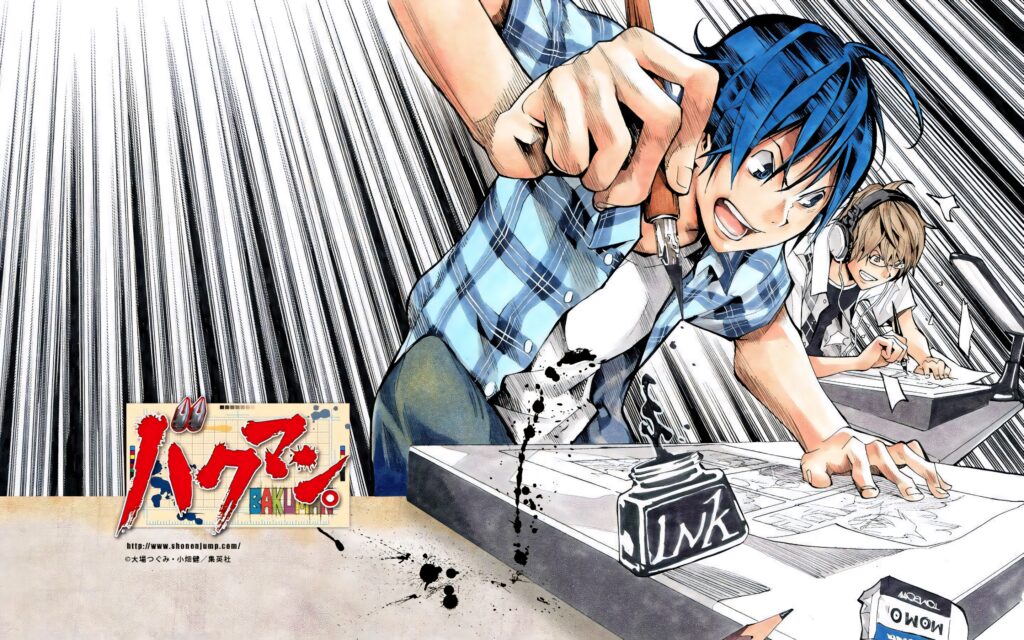 Two Bakuman boys focused on drawing and inking manga showcasing creativity wallpaper background