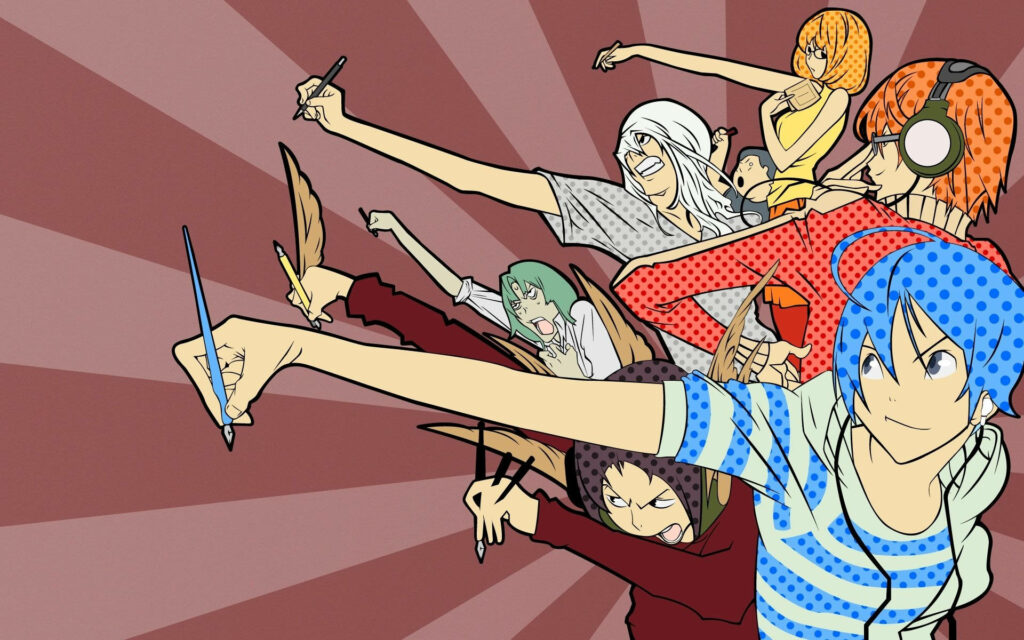 Bakuman characters in dynamic poses holding art tools vibrant vector wallpaper background
