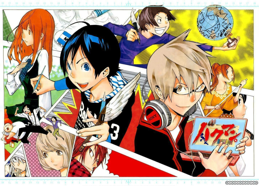 Bakuman comic wallpaper with main characters and supporting cast in dynamic manga art poses