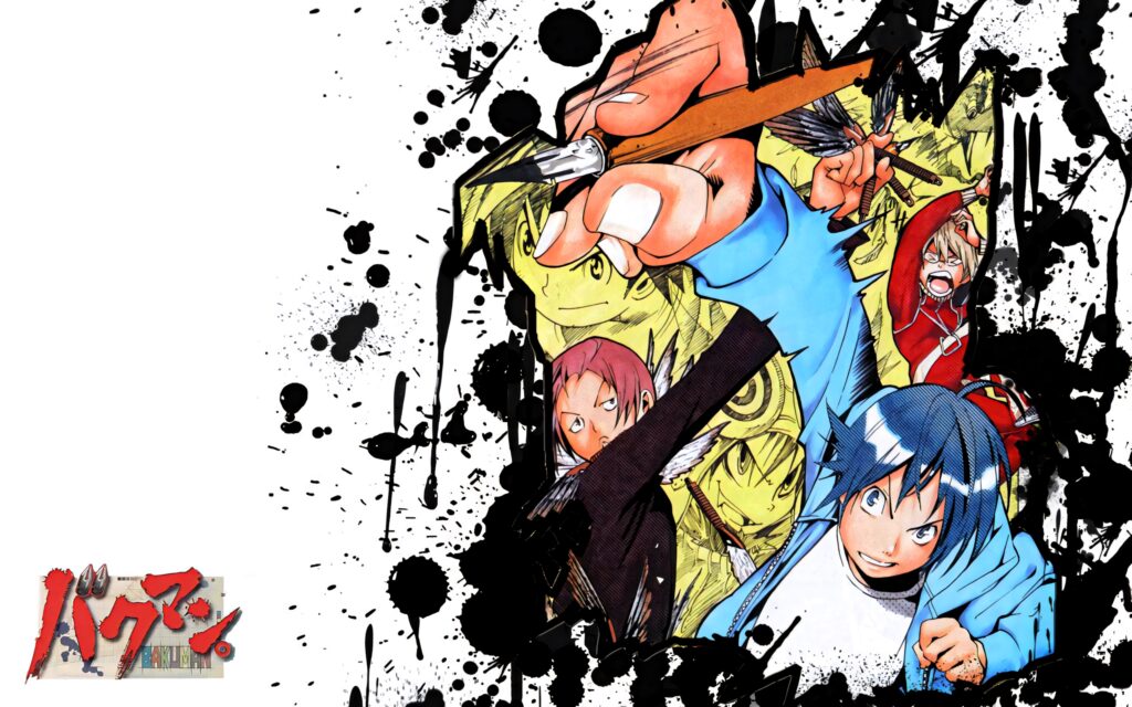 Bakuman wallpaper with main characters bold ink splatters and creative brushstrokes background