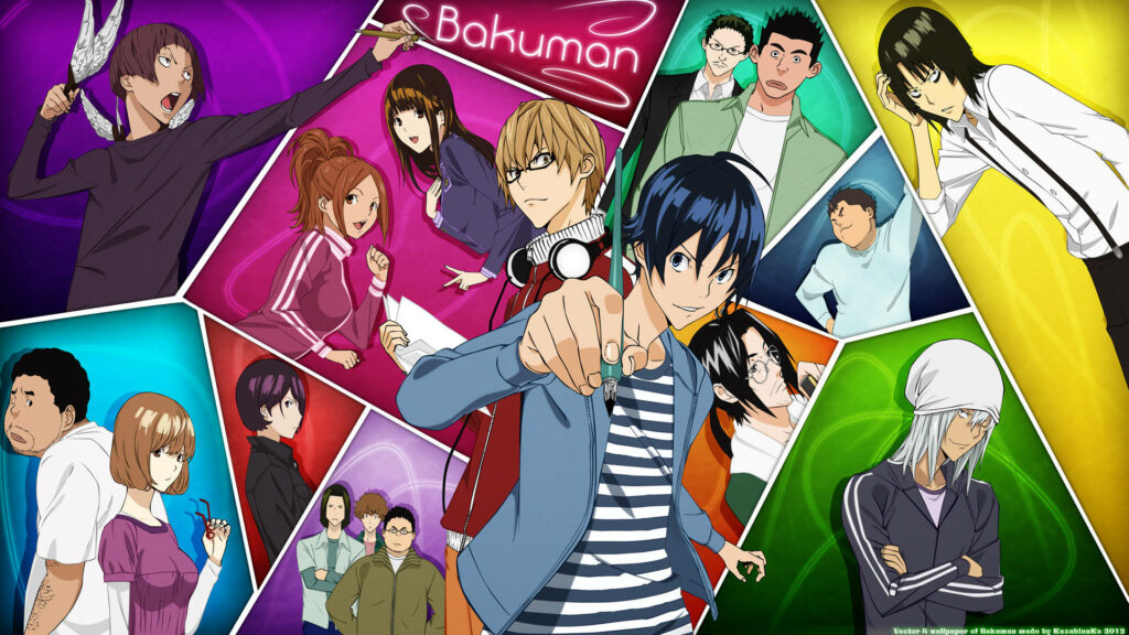 Bakuman anime wallpaper with main characters in colorful geometric shapes and vibrant backgrounds