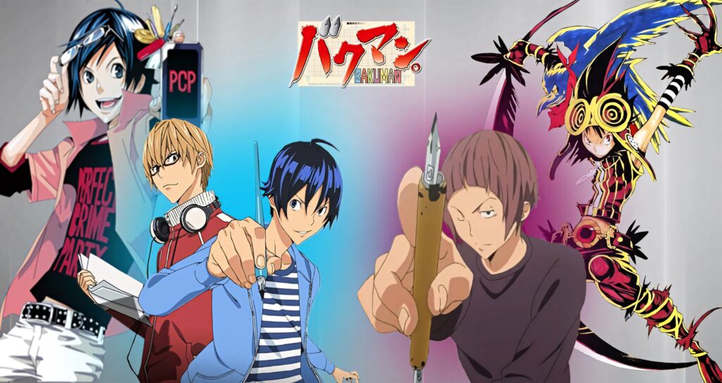 Bakuman wallpaper with Mashiro Takagi creative tools and dynamic Crow character background