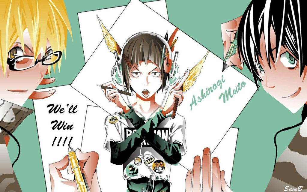 Bakuman wallpaper showing Moritaka and Akito focused on creating manga with teamwork and passion