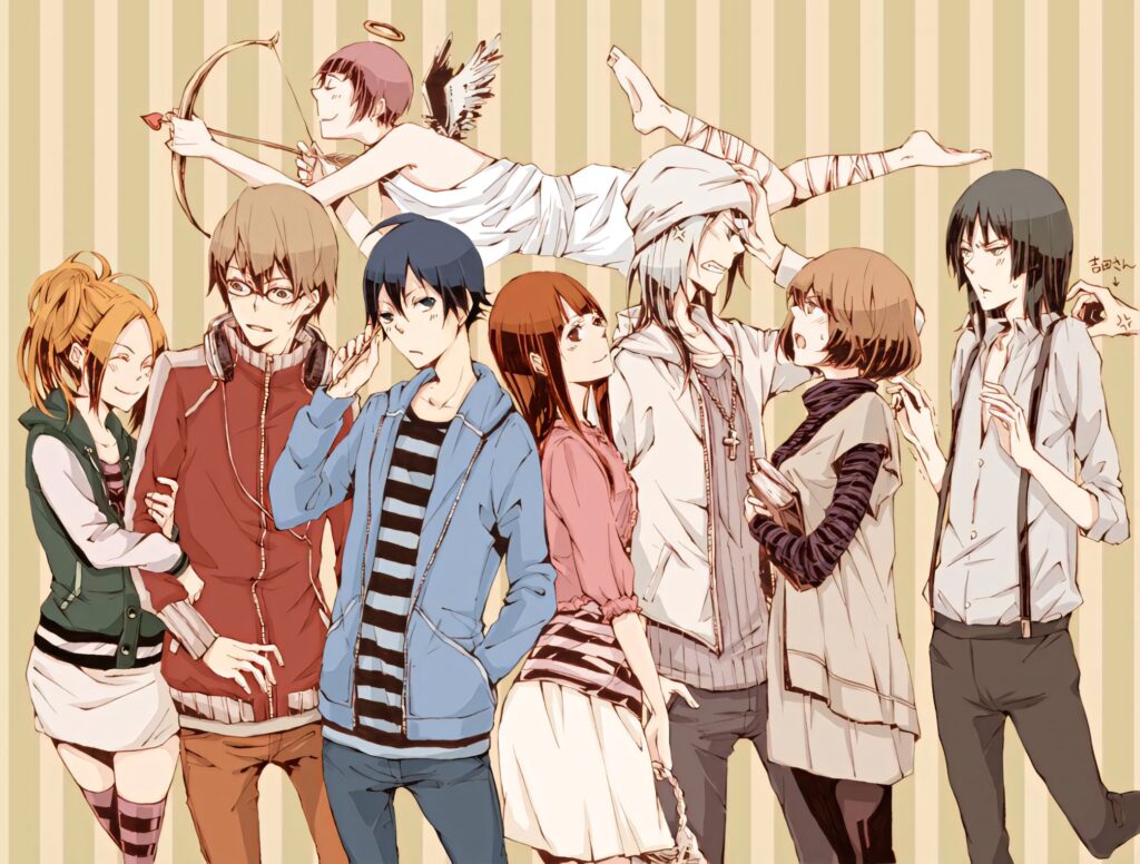 Bakuman Partners wallpaper with main character pairs showing close bonds on soft striped background