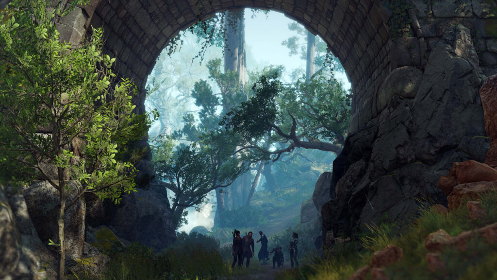 Baldurs Gate 3 adventurers beneath stone archway with lush greenery ready for journey wallpaper