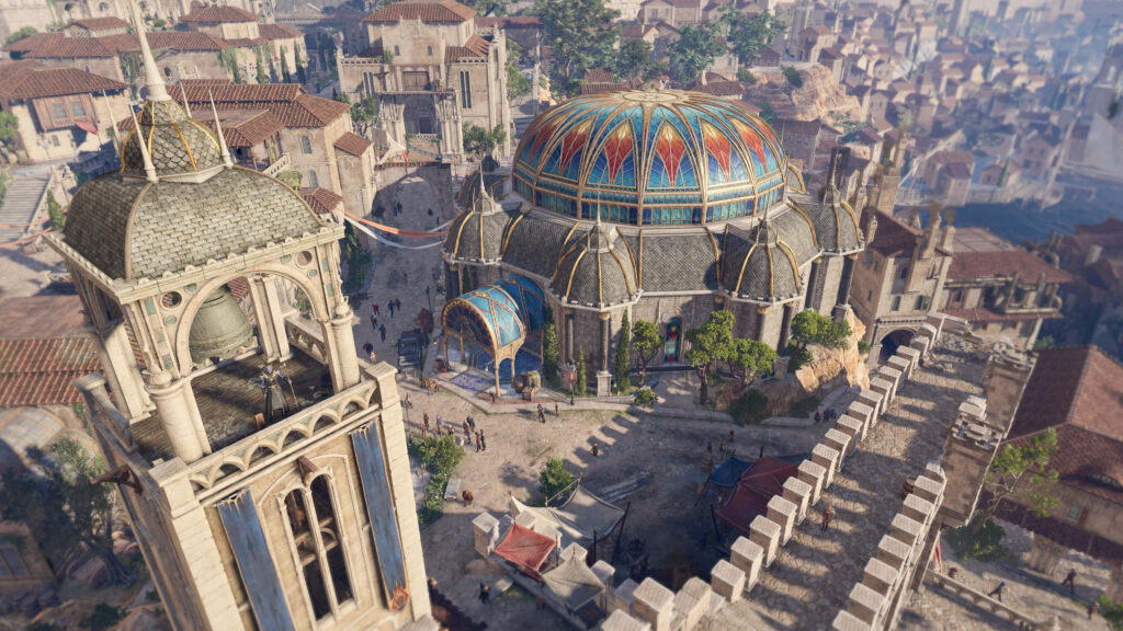 Aerial view of Baldurs Gate 3 city with grand architecture colorful domes and detailed rooftops Wallpaper