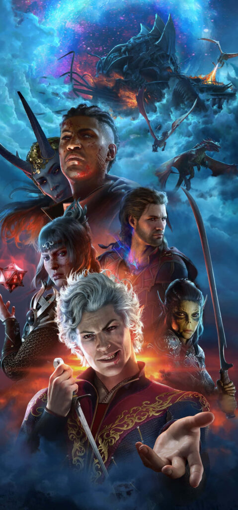 Baldurs Gate 3 vivid character lineup with dragons and magical energy under dramatic sky wallpaper