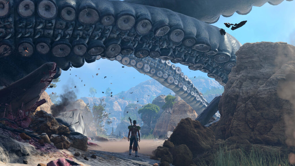 Giant octopus towers over rocky terrain as adventurer faces creature in Baldurs Gate 3 wallpaper