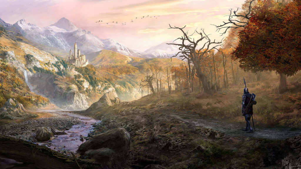 Lone Baldurs Gate 3 warrior on forest path overlooking autumn valley castle and mountain view wallpaper