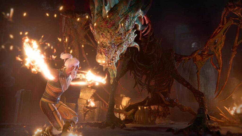 Baldurs Gate 3 wallpaper fierce spellcaster dueling menacing dragon in fiery magical battle scene