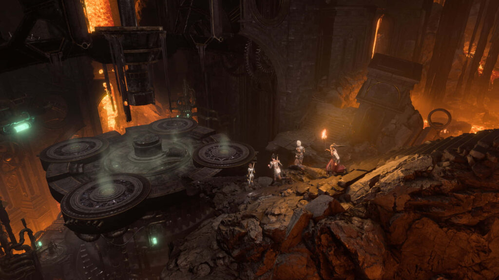 Adventurers exploring ancient underground chamber with torchlight and glowing molten lava Baldurs Gate 3 Wallpaper