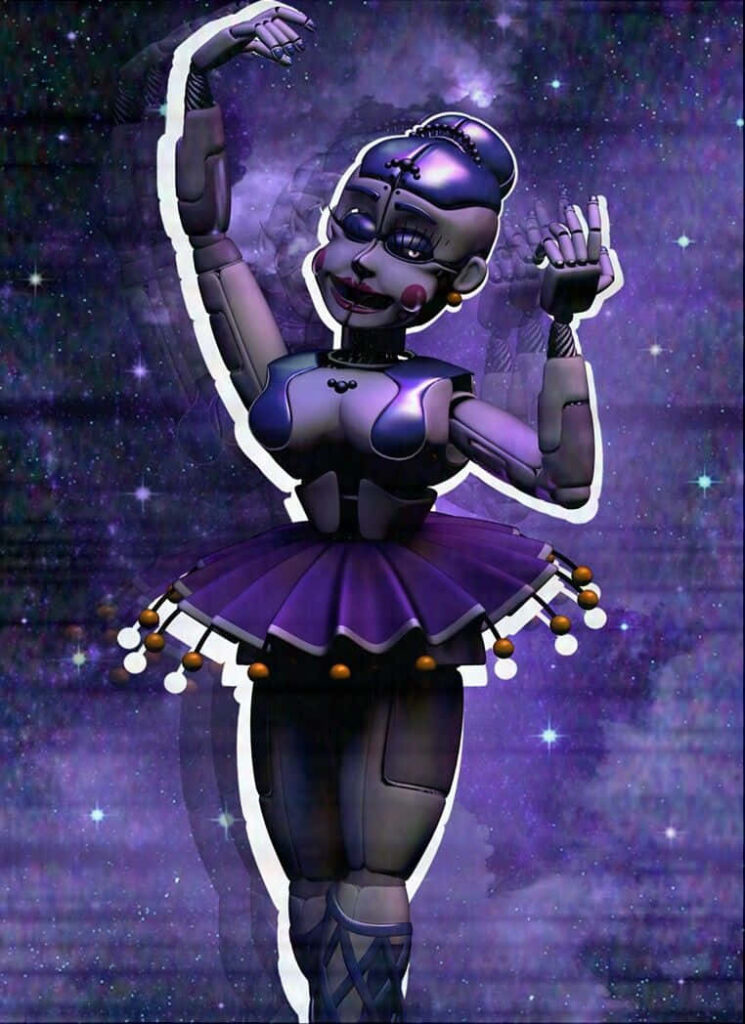 Ballora from Five Nights at Freddy's posing as metallic ballerina in starry cosmic galaxy wallpaper