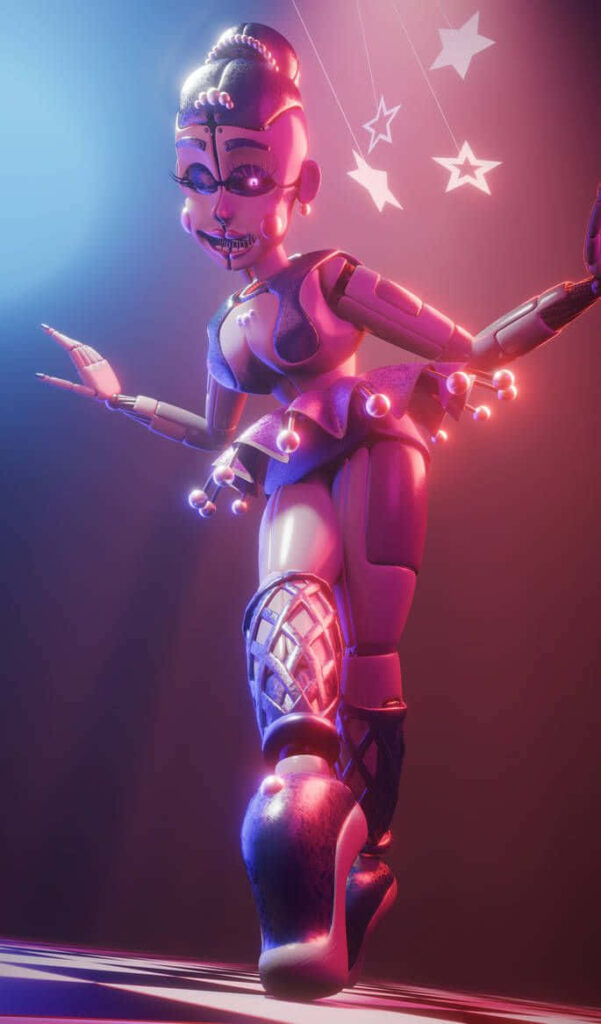 Ballora animatronic ballerina from Five Nights at Freddy's in dramatic pose with colorful lights Wallpaper