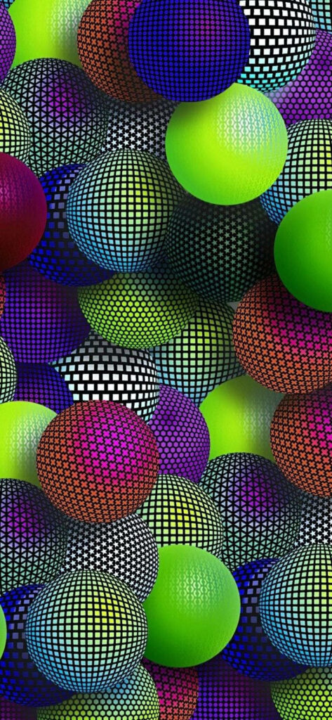 Vibrant and Playful 3D Phone Wallpaper: Stacked Colorful Patterned Balls Produce Eye-Catching Background