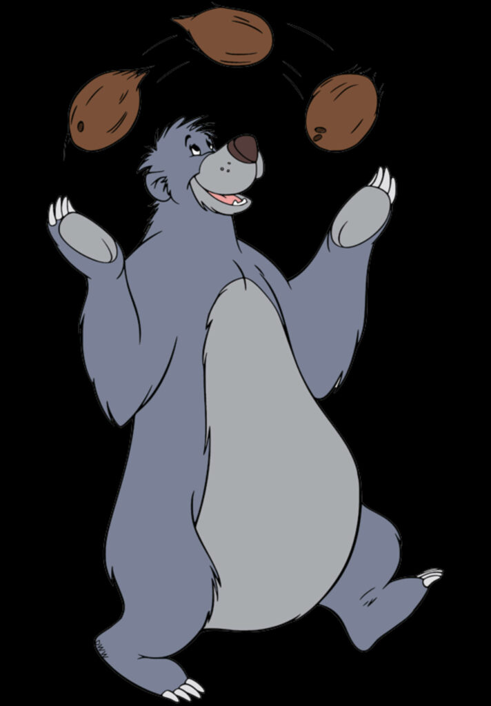 Baloo from The Jungle Book playfully juggling coconuts in vibrant jungle wallpaper background