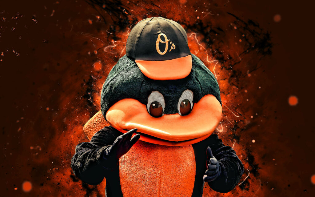 Baltimore Orioles Bird Mascot in team cap with fiery dynamic background wallpaper design