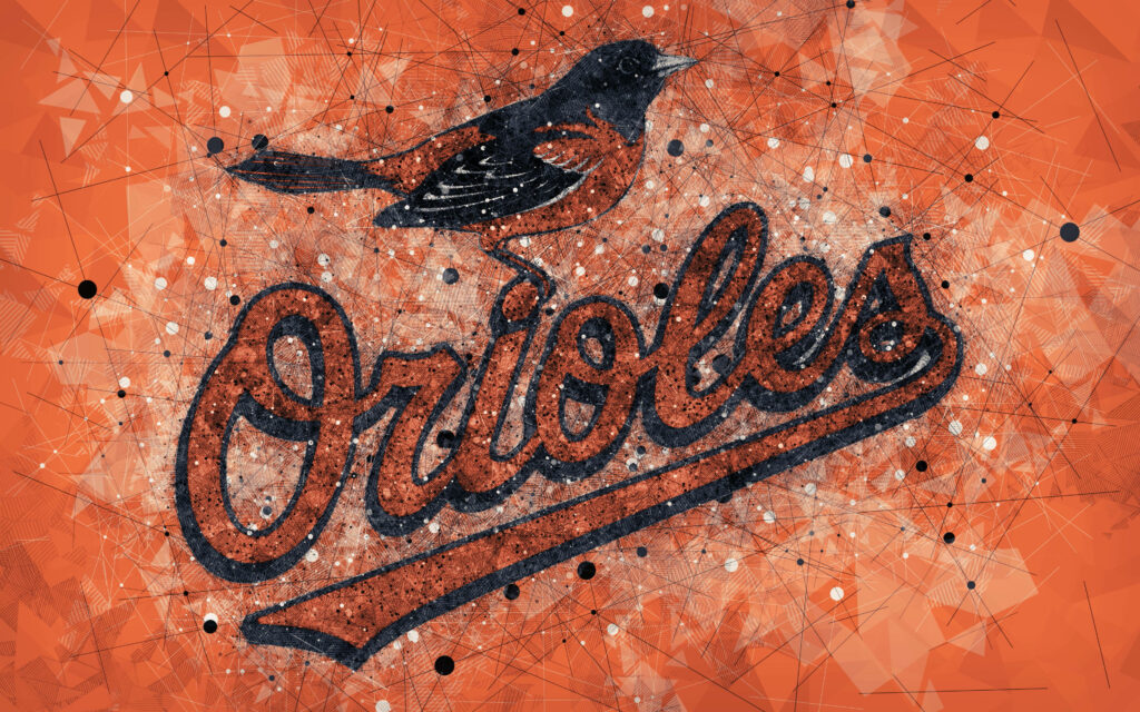 Baltimore Orioles geometric wallpaper with stylized oriole bird and bold lettering on orange background