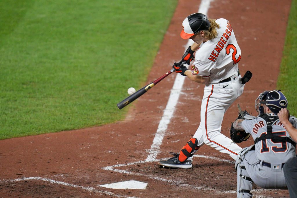 Baltimore Orioles shortstop Gunnar Henderson hitting a baseball with intense focus at home plate Wallpaper