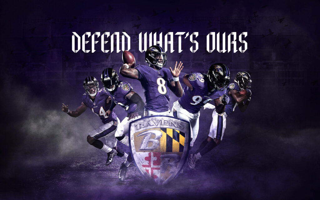 Baltimore Ravens teaser poster with players in action purple background Defend Whats Ours text Wallpaper