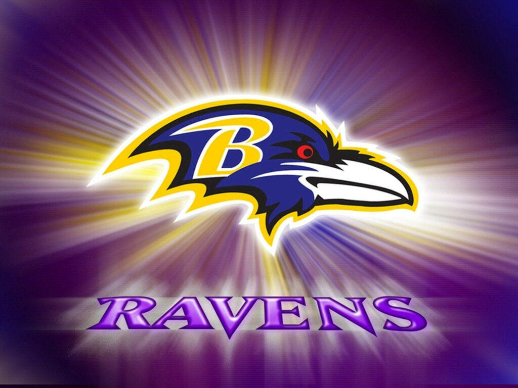 Baltimore Ravens logo glowing with radiant light on vibrant purple and gold background wallpaper
