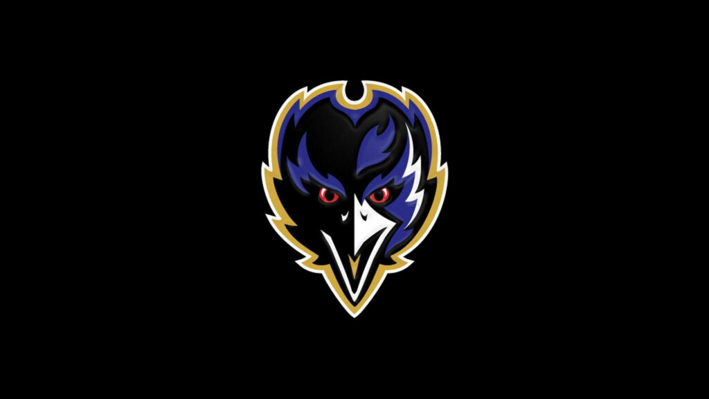 Baltimore Ravens logo wallpaper with bold purple black white and gold raven head on black background