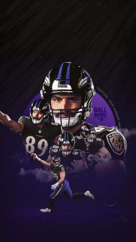 Baltimore Ravens tight end Mark Andrews in dynamic poses on bold purple NFL fan wallpaper background