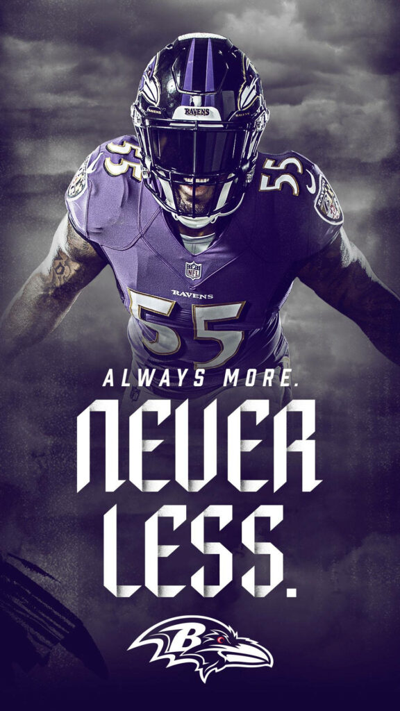 Baltimore Ravens player in uniform with smoky background and Always More Never Less slogan wallpaper