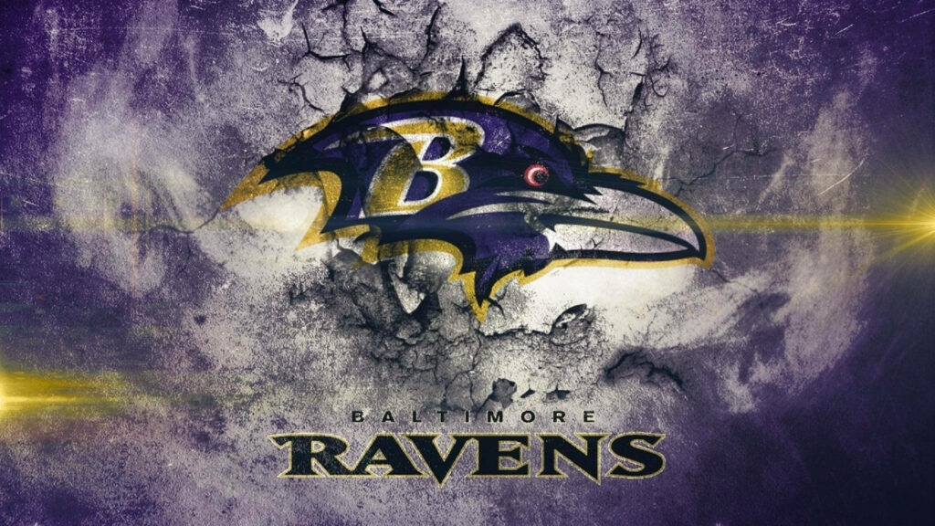 Baltimore Ravens wallpaper with iconic raven head logo breaking through smoky purple gold background