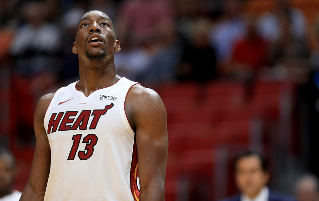 Bam Adebayo focused in Miami Heat jersey during game inspiring basketball wallpaper background
