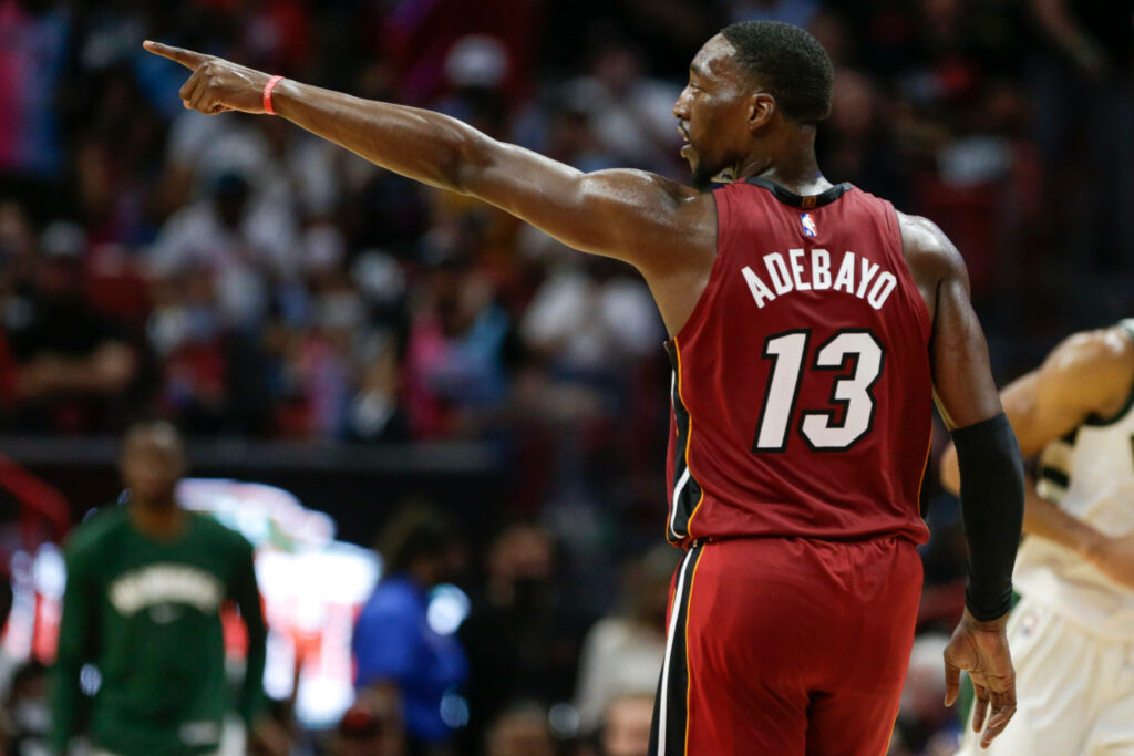 Bam Adebayo Miami Heat mid-game pointing finger showing leadership and intensity basketball Wallpaper