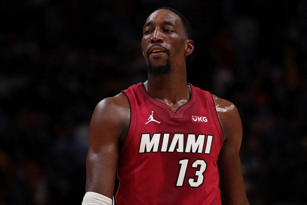 Bam Adebayo Miami Heat player focused intense expression basketball court wallpaper background