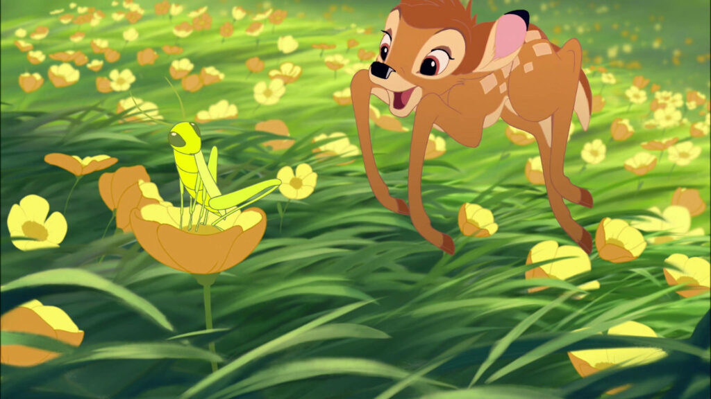 Bambi exploring vibrant yellow flower field with grasshopper on blossom lush green background wallpaper