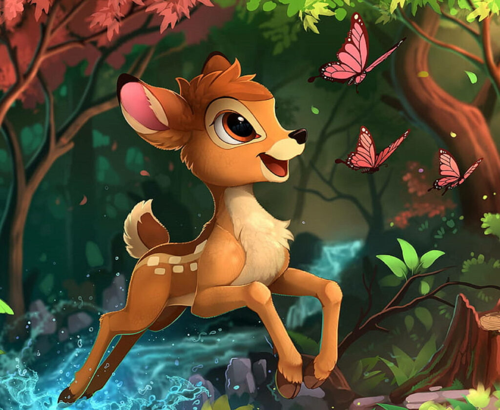 Bambi leaping through vibrant forest with red butterflies lush greenery cheerful wallpaper background