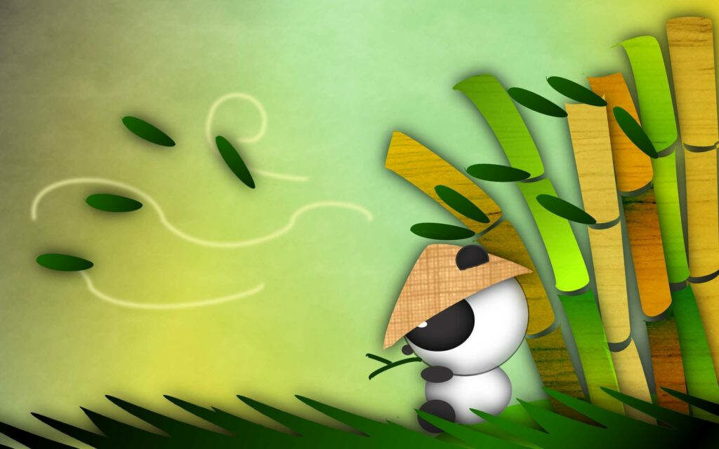 Panda Paradise: Whimsical Animated Panda in a Straw Hat, Embraced by Bamboo Bliss Wallpaper