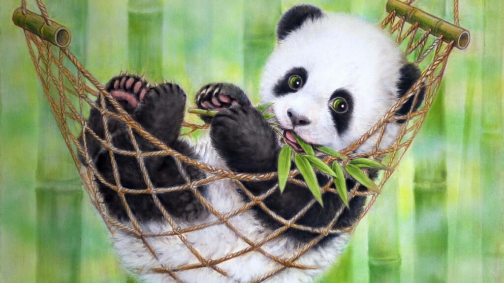 Panda Paws: Relaxing in a Serene Bamboo Hammock Wallpaper