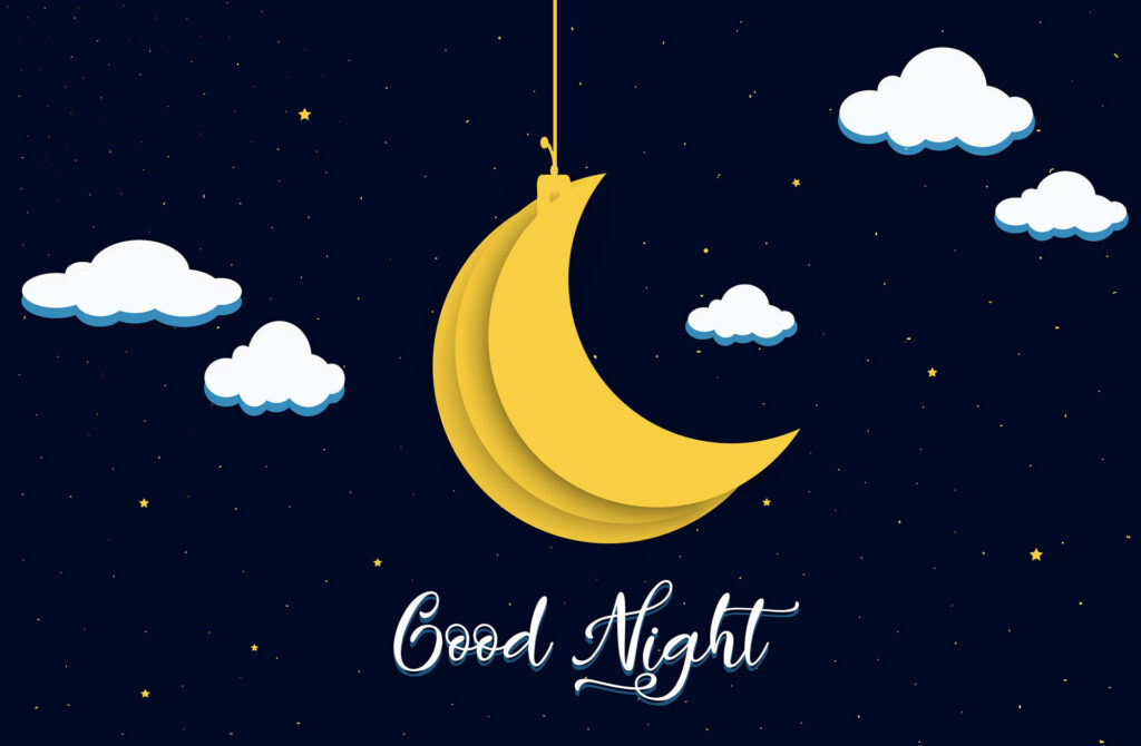 Stylized yellow crescent moon with white clouds and Good Night text on deep blue starry sky wallpaper