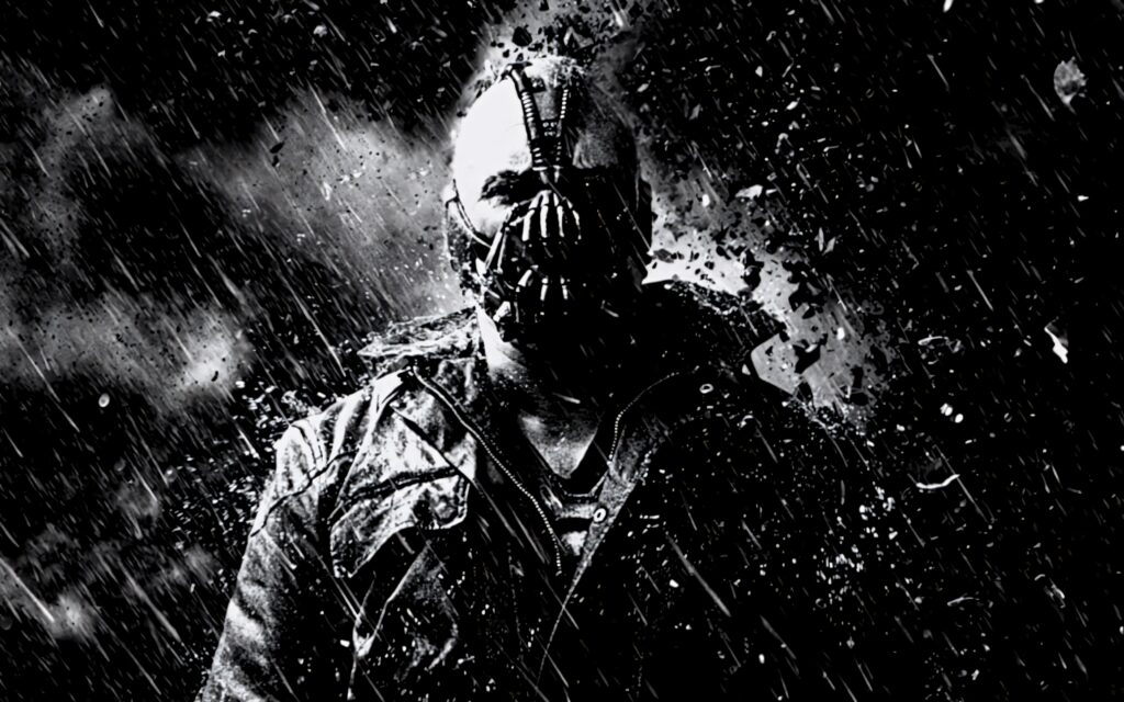 Bane from DC Comics black and white wallpaper standing powerfully in rain with intense atmosphere