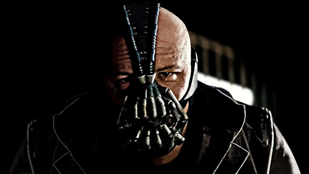 Bane DC Comics close-up wearing iconic mask dark attire intense menacing shadowy background wallpaper