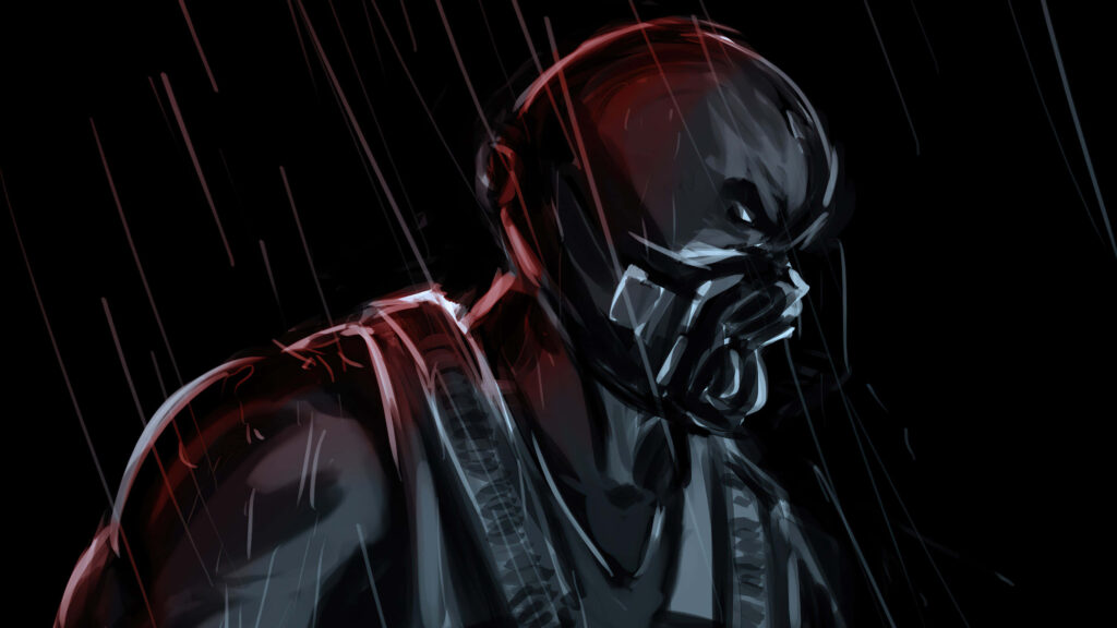 Bane DC Comics wallpaper intense rain scene powerful mask muscular build dynamic background
