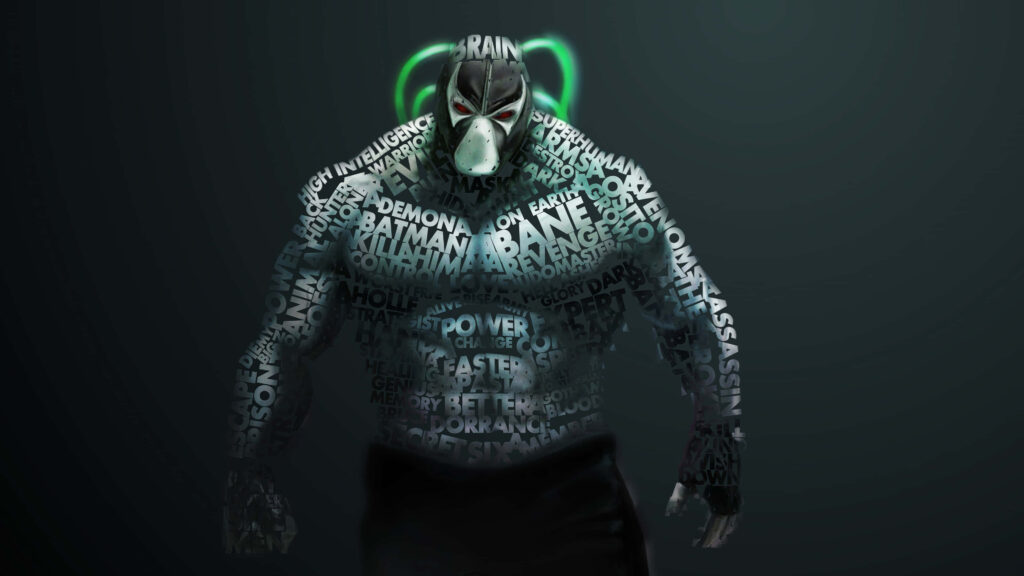 Bane DC Comics wallpaper with bold typography highlighting villain strength and affiliations